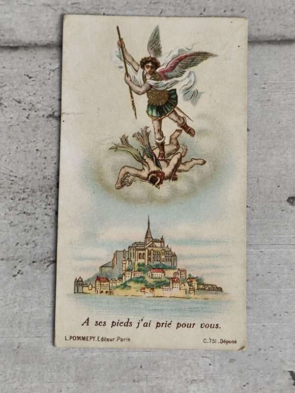 Ancienne carte religieuse de saint Michel avec une prière à saint Michel