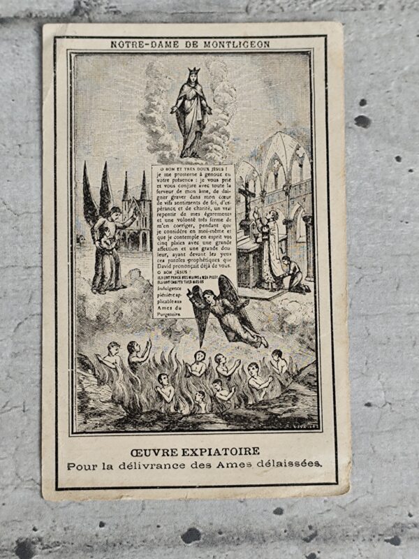 Rare ancienne carte religieuse de notre dame de montligeon oeuvre expiatoire pour la délivrance des âmes délaissées