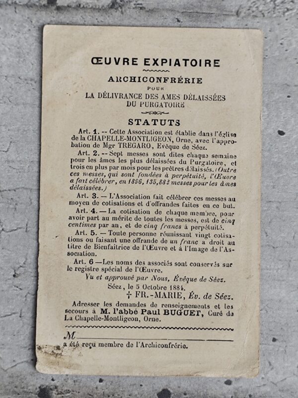 Rare ancienne carte religieuse de notre dame de montligeon oeuvre expiatoire pour la délivrance des âmes délaissées – Image 2