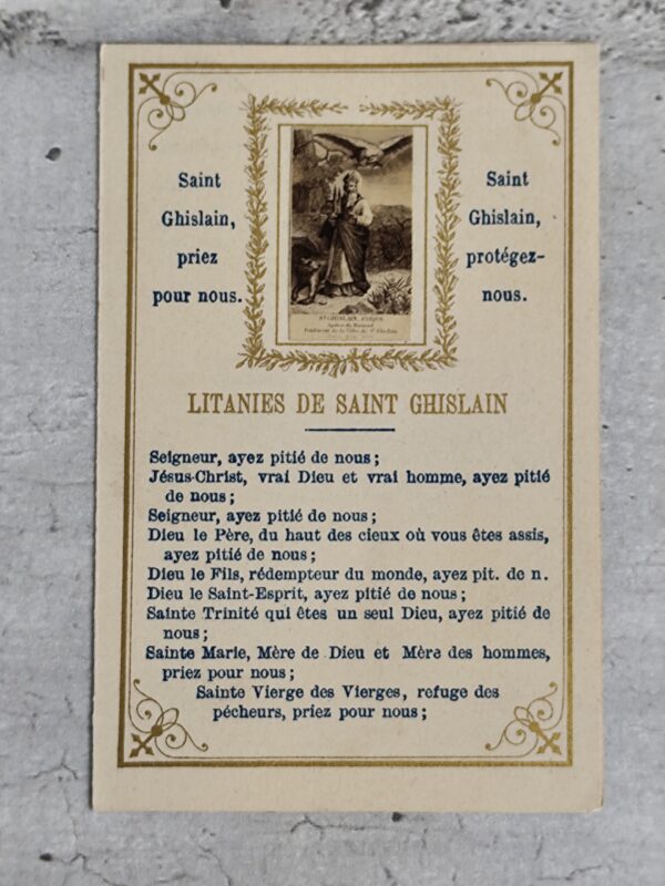 Rare ancienne carte religieuse litanies de saint Ghislain ,saint Ghislain protégez -nous,saint Ghislain Priez pour nous.