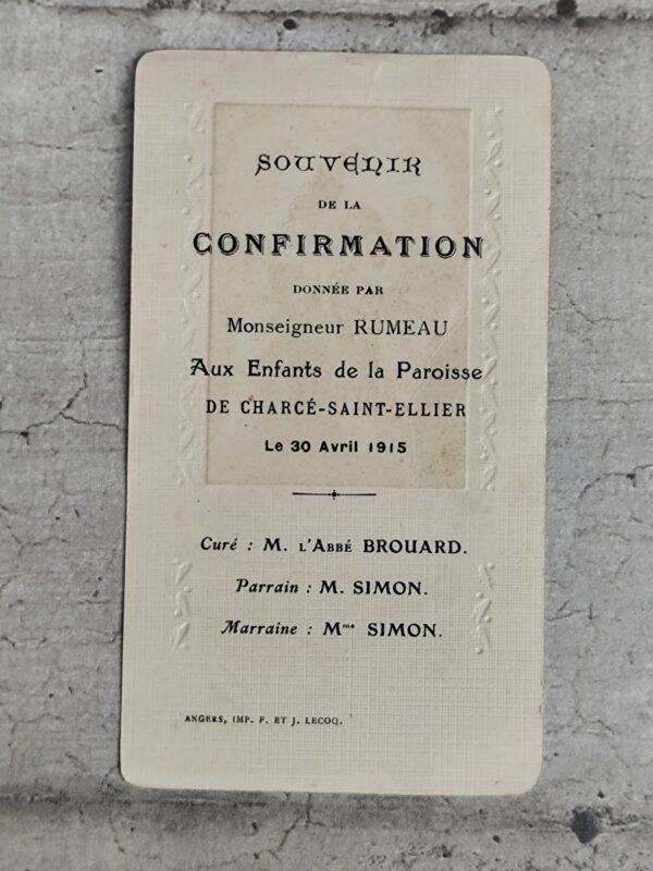 Ancienne carte religieuse souvenir de confirmation 1915 – Image 2