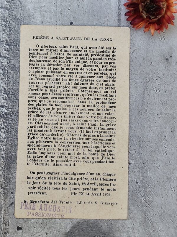 Rare carte prière saint Paul de la croix fondateur de la congrégation des passionnistes. – Image 2