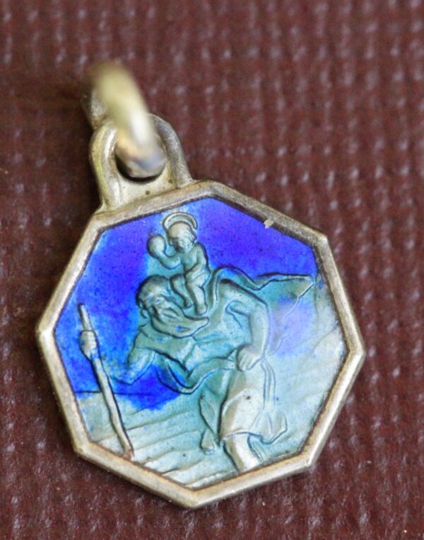 Rare ancienne médaille religieuse de saint Christophe en émail bleu patron des voyageurs – Image 2