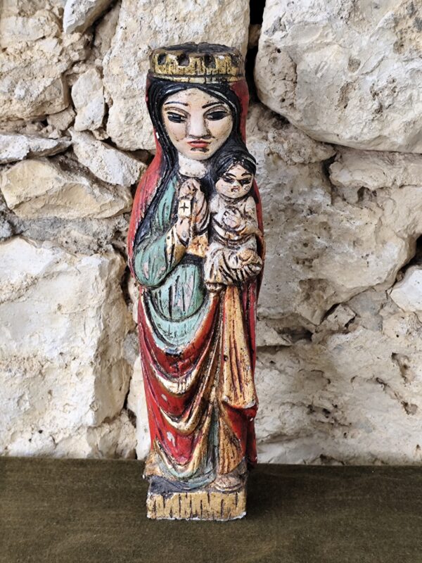 Rare statue de la vierge marie ancienne en bois polychrome