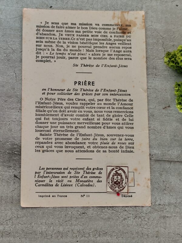 Carte relique de sainte Thérèse de Lisieux avec etoffe ayant touché aux reliques de la sainte – Image 3