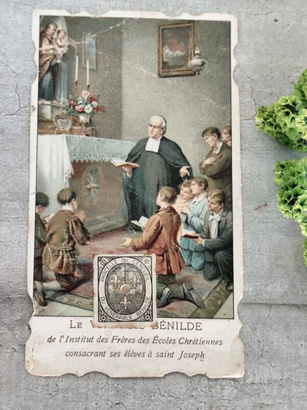 Rare carte relique de saint benilde parcelle du cercueil du vénérable saint benilde