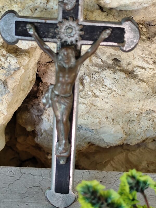 ancienne croix religieuse crucifix jésus christ en bois d'ébène, antique religieux croix crucifix catholique français 1900 – Image 4