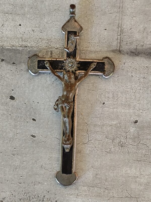ancienne croix religieuse crucifix jésus christ en bois d'ébène, antique religieux croix crucifix catholique français 1900 – Image 6