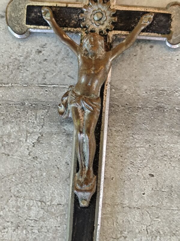 ancienne croix religieuse crucifix jésus christ en bois d'ébène, antique religieux croix crucifix catholique français 1900 – Image 8