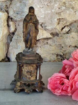Antique statue religieuse de la Vierge Marie en métal et en pierre