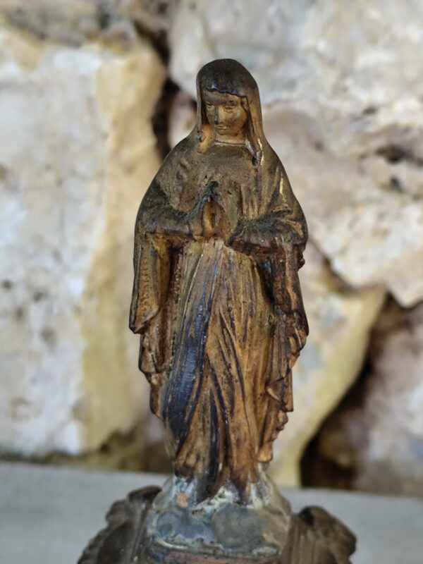 Antique statue religieuse de la Vierge Marie en métal et en pierre – Image 5