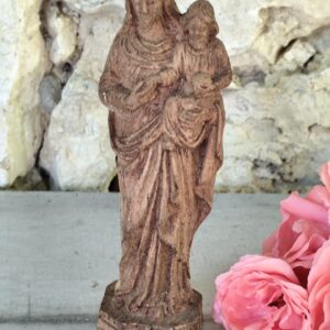 Ancienne statue religieuse de la Vierge Marie et l'enfant en bois