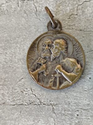 Rare antique médaille religieuse de saint Paul et saint pierre et du pape pie XII, Religieux Français pendentif de médaille en laiton