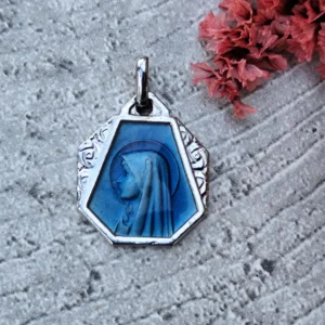 Antique médaille religieuse de la Vierge Marie de lourdes en émail