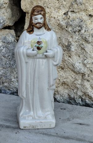 Statue Sacré‑Cœur Jésus vintage – céramique 20,5 cm – statuette religieuse ancienne – décoration catholique – art sacré