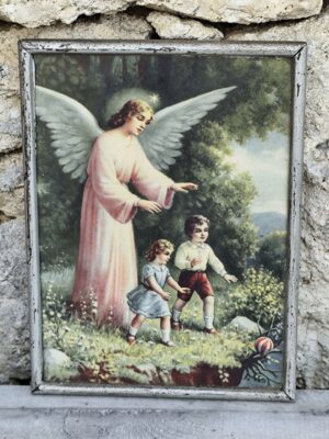 Illustration ancienne Ange Gardien – Art religieux vintage encadré – Protection des enfants – Décoration spirituelle
