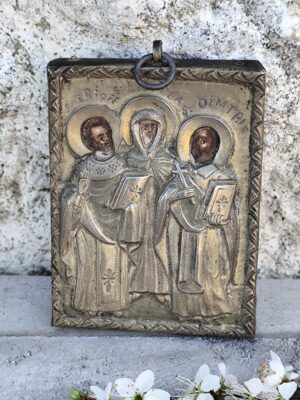 Icône religieuse métal ancien • Trois saints en relief • Art sacré vintage