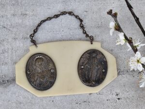 Double médaillon ancien • Sacré‑Cœur de Jésus & Vierge Miraculeuse • Objet religieux vintage • Dévotion catholique