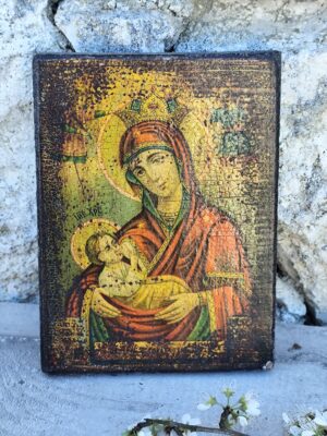 Icône ancienne de Notre‑Dame du Perpétuel Secours – Art sacré byzantin – Vierge à l’Enfant – Icône religieuse vintage