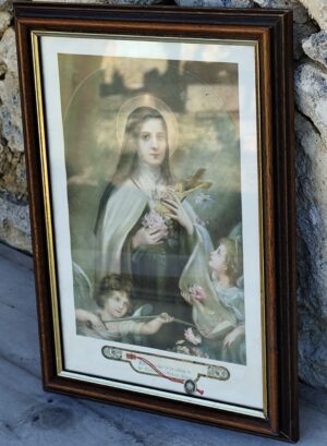 Cadre ancien de Sainte Thérèse de Lisieux avec relique – Fragment authentique du plancher de sa cellule