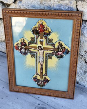 Crucifix encadré ancien – Christ en croix – Icônes des saints