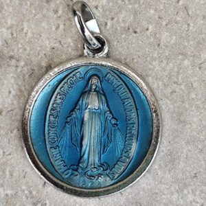 Ancienne médaille miraculeuse – Vierge Marie en émail bleu – Médaille religieuse vintage