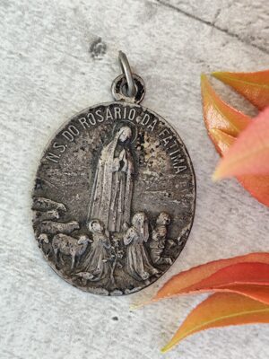 Médaille religieuse ancienne – Notre‑Dame de Fátima & Sacré‑Cœur
