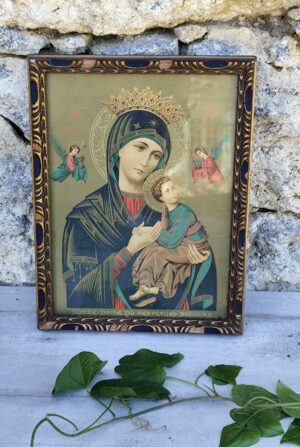 Icône ancienne Notre‑Dame du Perpétuel Secours – cadre or & bleu – dédicace 1925