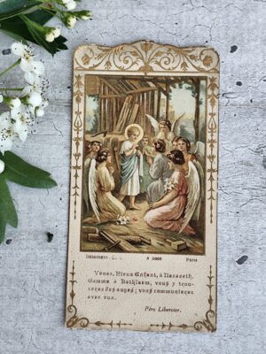 Image pieuse ancienne DESGODETS – Enfant Jésus & anges – Paris + carte 1911