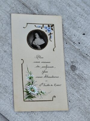 Image pieuse ancienne – Ste Émilie de Rodat – portrait et fleurs bleues – début XXe