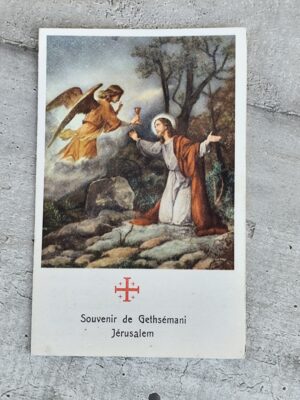 Souvenir de Gethsémani – Carte religieuse ancienne + prière et feuille d’olivier