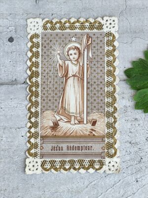 Image pieuse ancienne Jésus Rédempteur – Dentelle de papier dorée XIXe – Carte religieuse de dévotion