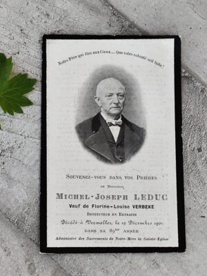Carte de deuil ancienne – Souvenir mortuaire de Michel‑Joseph Leduc (1901), instituteur – Image pieuse XIXe