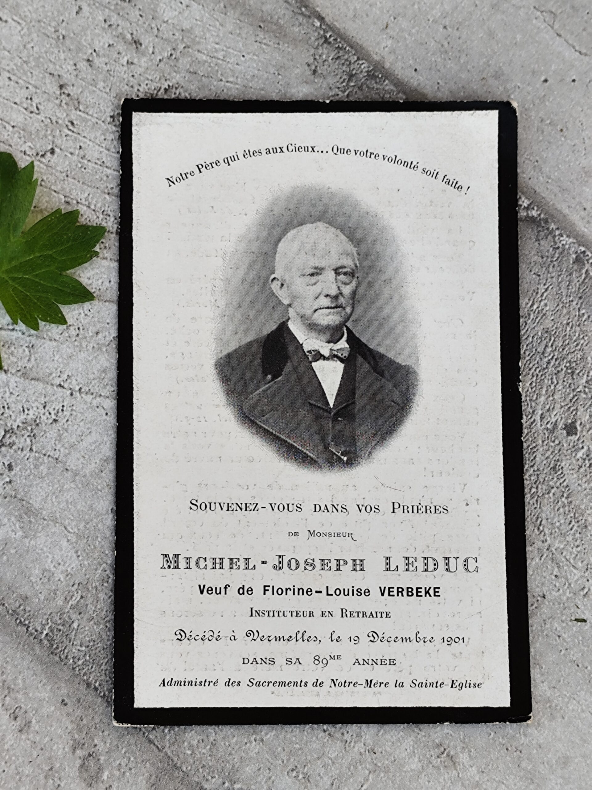 Carte de deuil ancienne – Souvenir mortuaire de Michel‑Joseph Leduc (1901), instituteur – Image pieuse XIXe