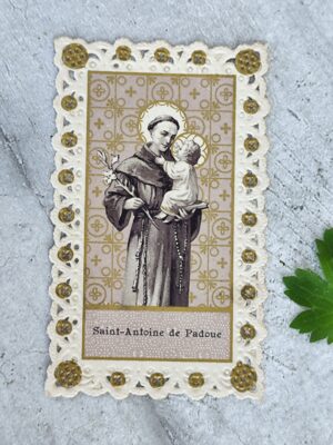 Carte relique ancienne – Saint Antoine de Padoue – Canivet doré – Image pieuse XIXe–XXe