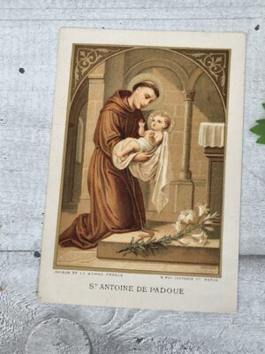 Carte religieuse ancienne Saint Antoine de Padoue – Image pieuse vintage – Illustration et prière au verso