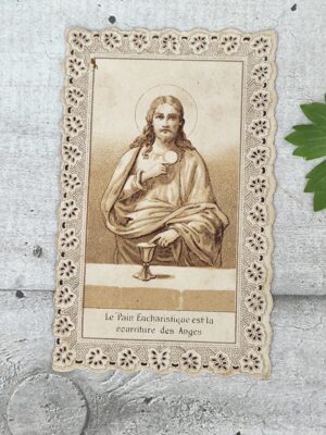 Image pieuse ancienne Jésus Eucharistie dentelle papier – carte religieuse vintage communion
