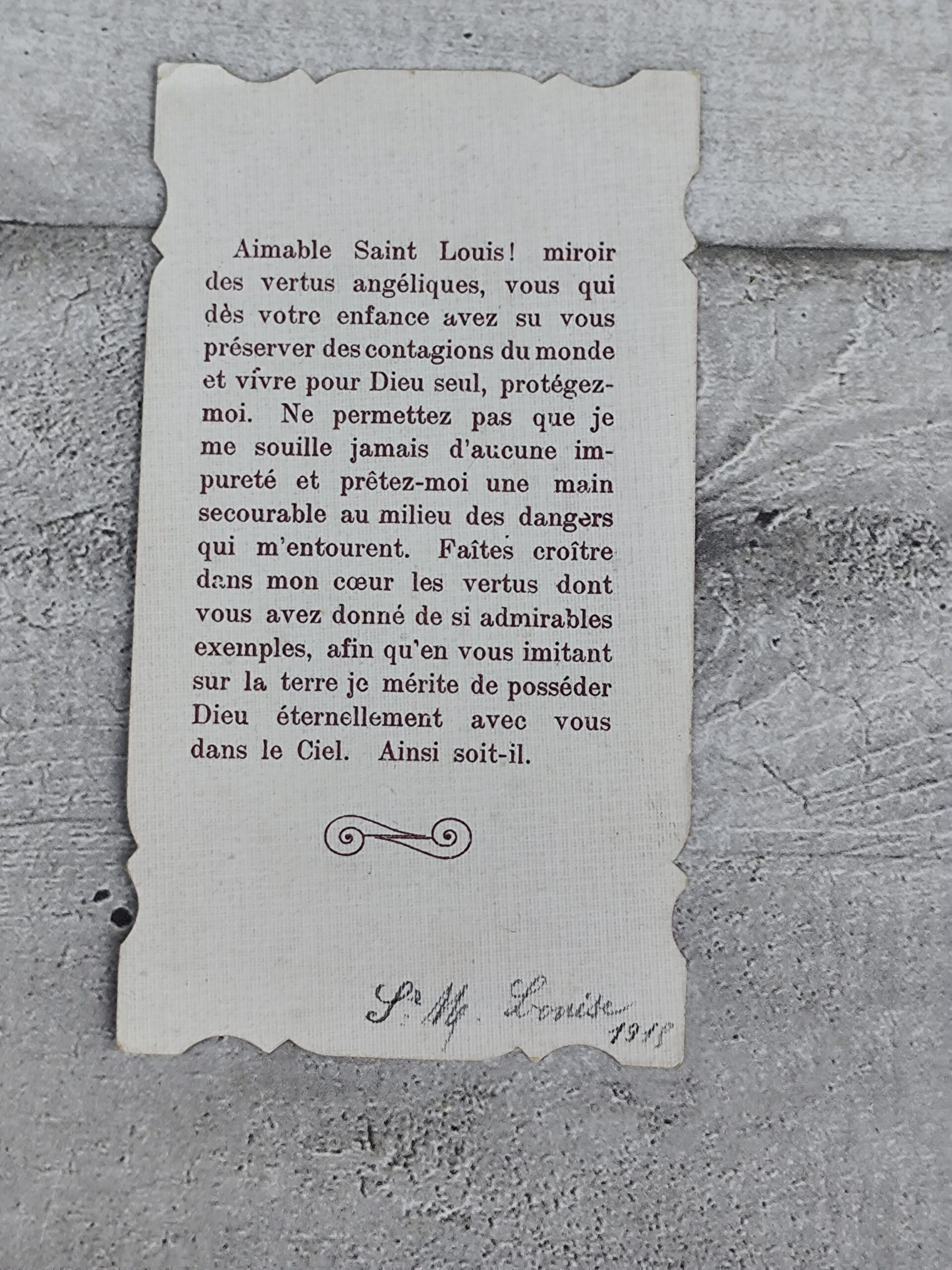 Carte pieuse ancienne Saint Louis de Gonzague – Lourdes 1918 – Image 2