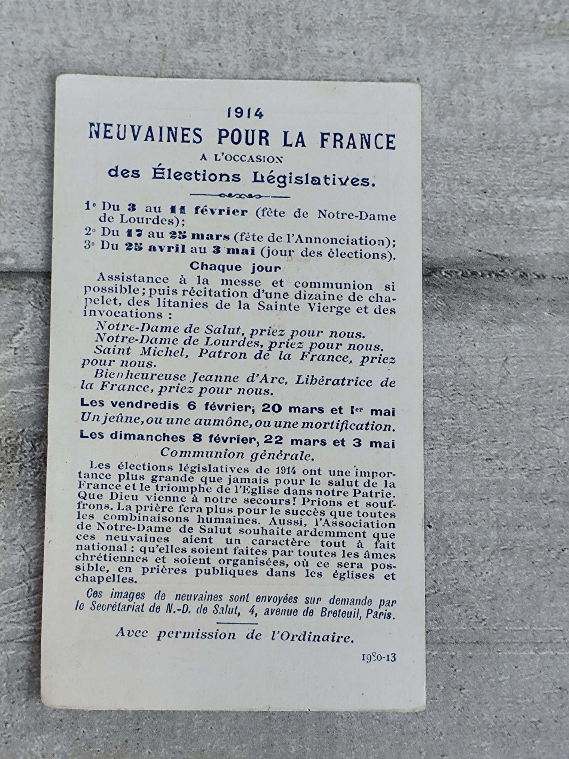 Carte pieuse ancienne Notre‑Dame de Salut & Neuvaines pour la France – 1914 – Image 2