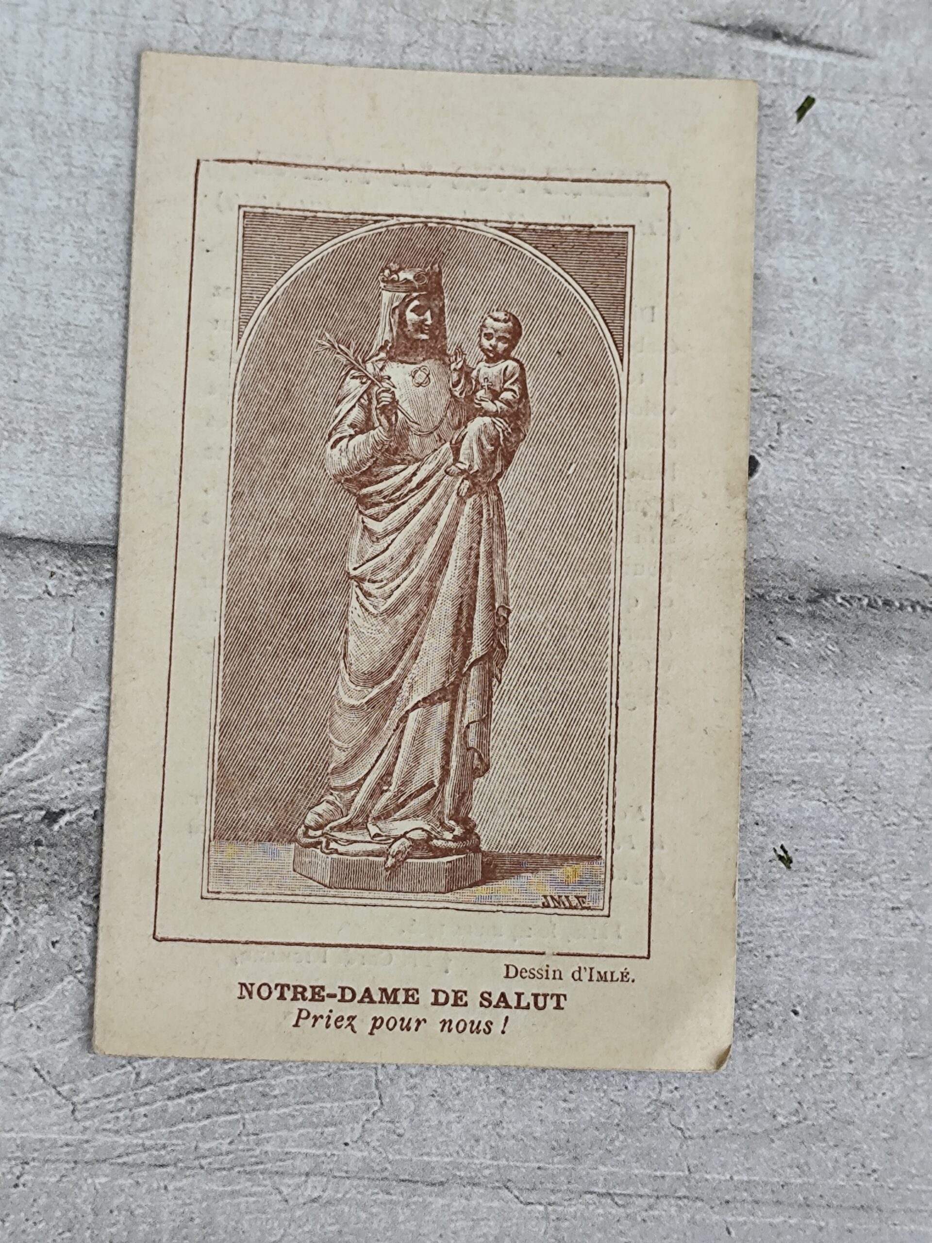 Carte pieuse ancienne Notre‑Dame de Salut — Prières pour la France & Ligue de l’Ave Maria (début XXᵉ)