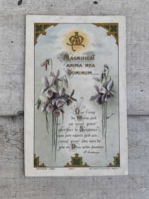 Carte pieuse ancienne Magnificat – St Ambroise — Bouasse‑Lebel (recto) & Retraite des Enfants de Marie 1908 (verso)