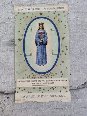 Carte religieuse ancienne Notre-Dame de Pontmain – Image pieuse vintage avec prière